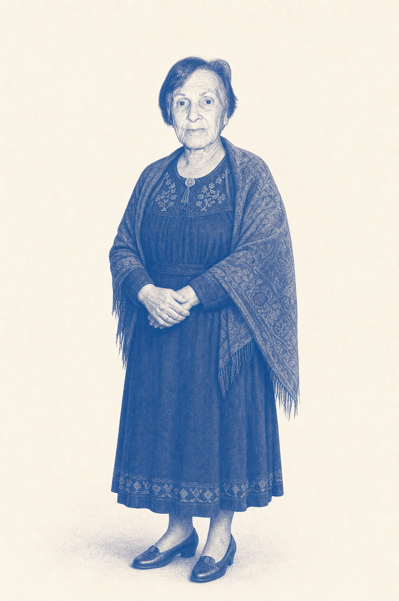 Retrato de cuerpo entero de la fundadora del estudio, duotono azul