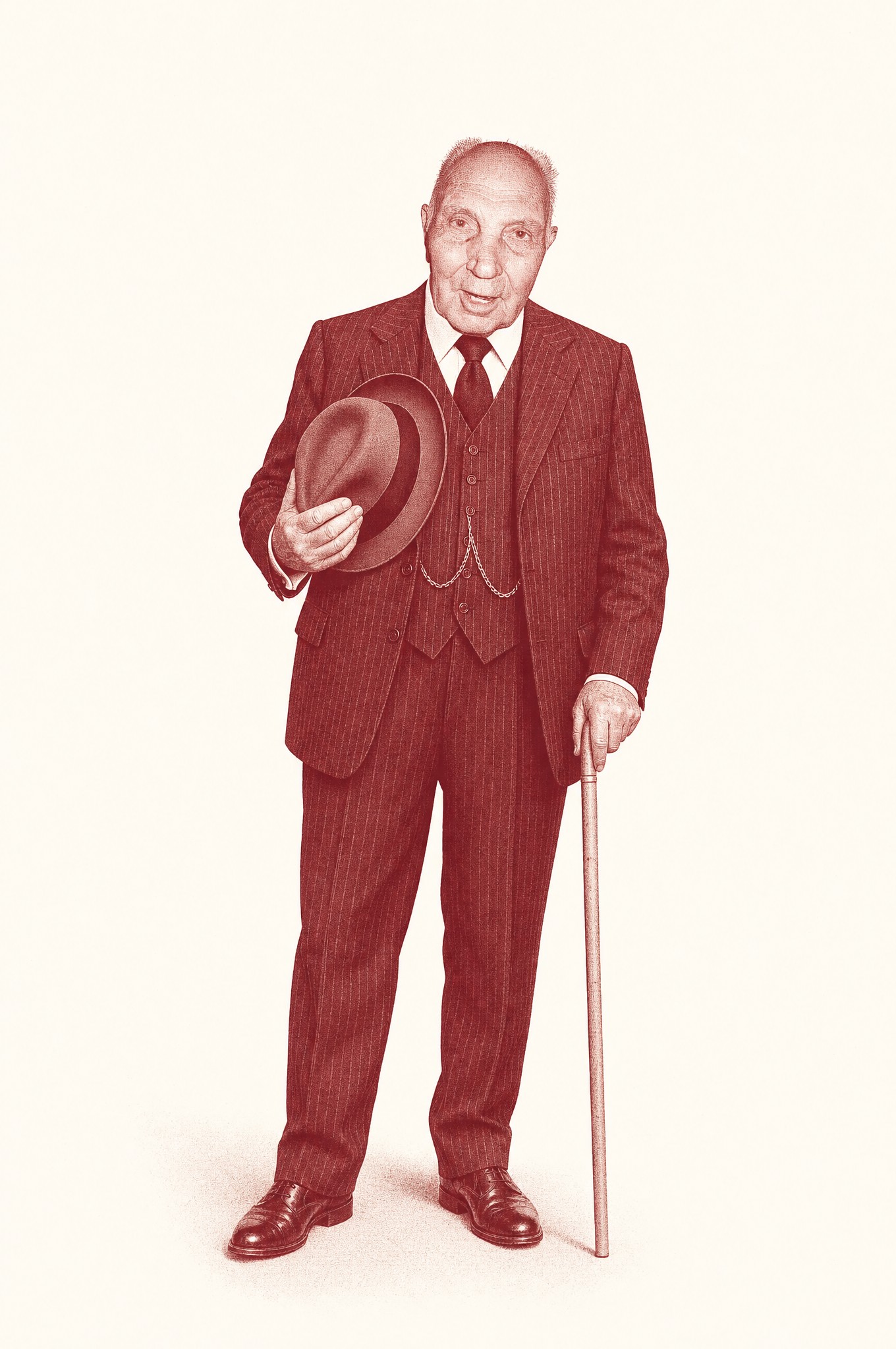 Retrato de cuerpo entero del fundador del estudio, duotono granate